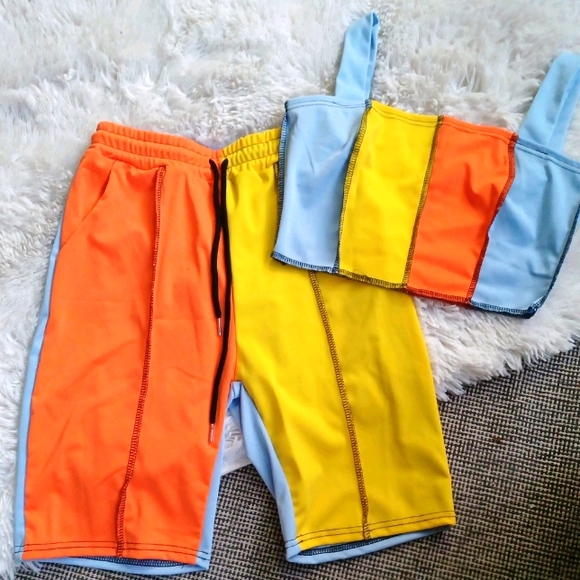 Orange/Gold/Blue-Color Block Short Set - Picture 1 of 4